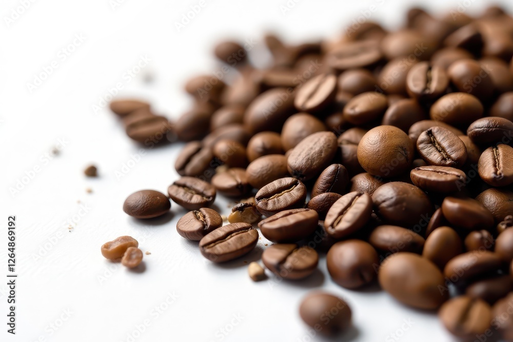 Naklejka premium Roasted coffee beans scattered on white background, drink, coffee beans