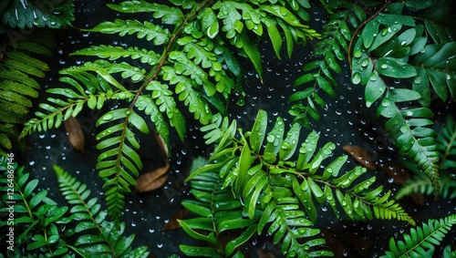 Wallpaper Mural Lush green fern leaves with droplets of water on surface, dark background, nature close-up with Copy Space Torontodigital.ca