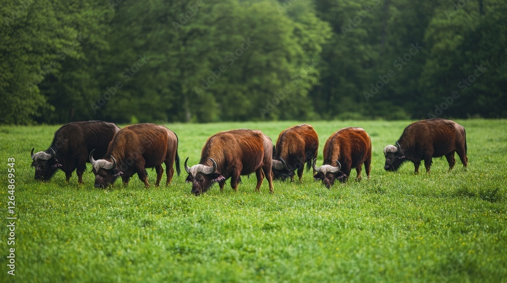 Fototapeta premium Side View of Tame Buffalo Grazing in a Lush Green Meadow