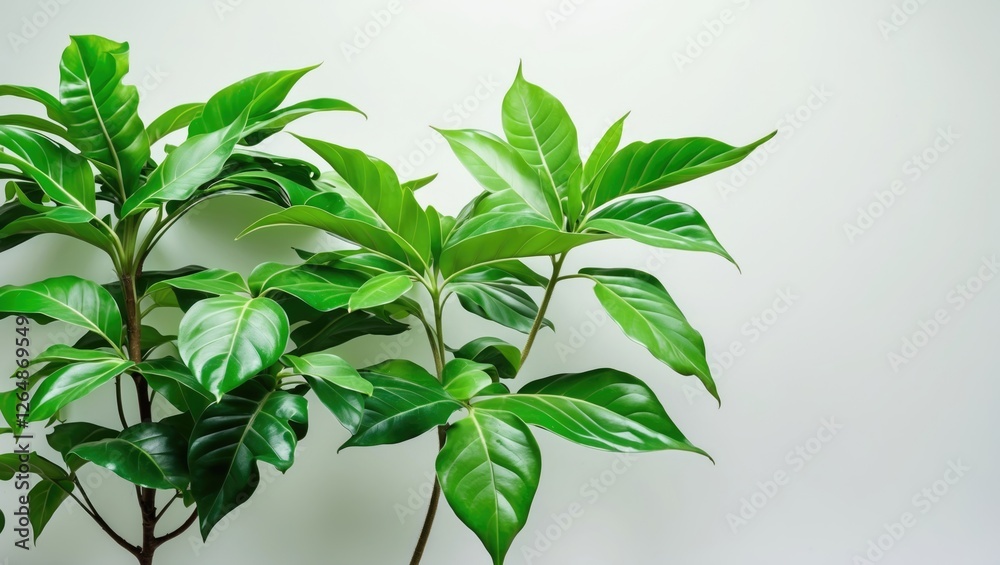 Green leaves of a tropical indoor plant species on a light background with Copy Space for text placement Green leaves of a tropical indoor plant species on a light background with Copy Space for text placement