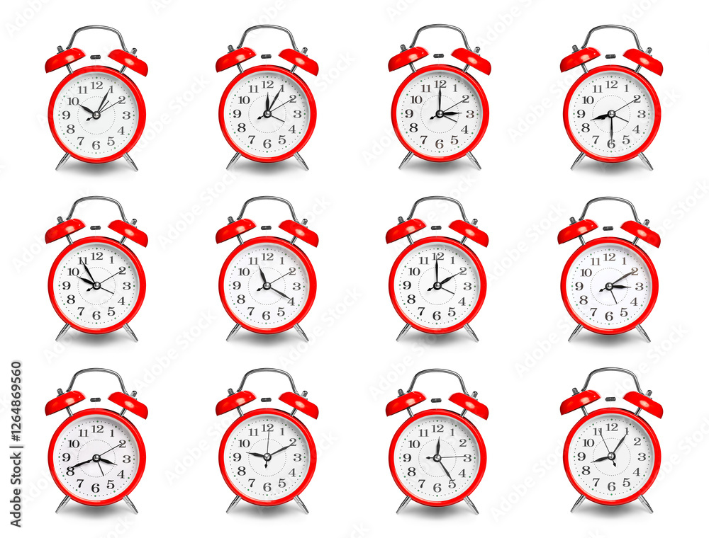 Naklejka premium Red alarm clock showing different time isolated on white, collage