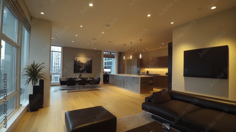 Fototapeta premium Luxurious Urban Living Room with Modern Furnishings and Open Space