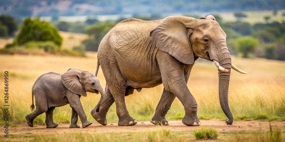 Obraz premium Elephants Walking in Natural Habitat Under Blue Sky and Green Landscape