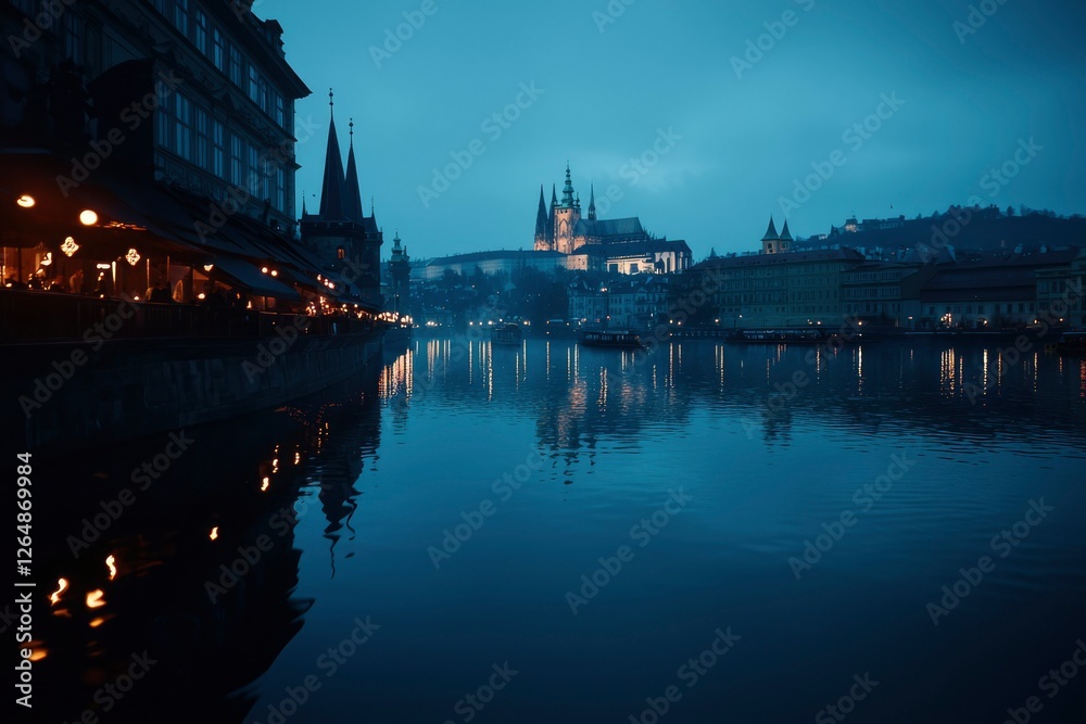 Naklejka premium Cityscape reflects on river at night. Prague castle in soft focus in background