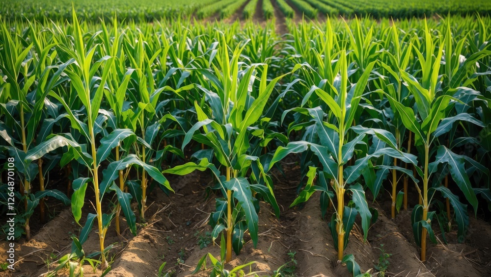 Green cornfield with tall corn plants growing in neat rows under natural lighting during the day Copy Space Green cornfield with tall corn plants growing in neat rows under natural lighting during the day Copy Space