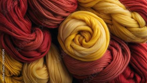 Colored yarns in soft textures arranged in circular rolls featuring warm tones of red and yellow with detail and depth Copy Space photo