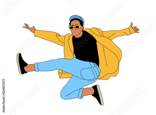 Teenager guy dancer hip hop, breakdance colored outline vector drawing on transparent background. Young cool boy dancing street dance sketch. Korean japanese asian thin line style.
