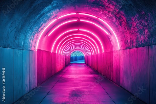 Ethereal Neon Tunnel with Bright Pink and Blue Lighting Illuminating the Concrete Pathway