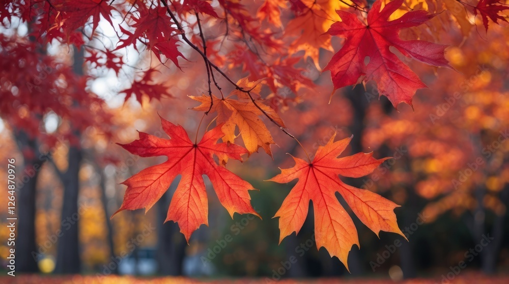 Vibrant red and orange autumn maple leaves in a forest setting with blurred background and natural light Copy Space Vibrant red and orange autumn maple leaves in a forest setting with blurred background and natural light Copy Space