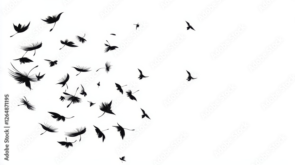 Fototapeta premium Vector illustration dandelion time. Black Dandelion seeds blowing in the wind. The wind inflates a dandelion isolated on white background.