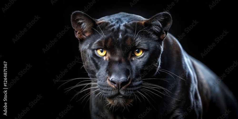 Black Panther Close-Up Portrait with Intense Gaze Against Dark Background Black Panther Close-Up Portrait with Intense Gaze Against Dark Background