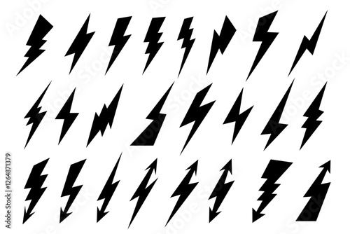 Comic lightning bolt elements in pop art style icon set. A thunderstorm silhouette. Electrical flash icon, electric high power voltage symbol. Isolated on a white background. Vector Illustration