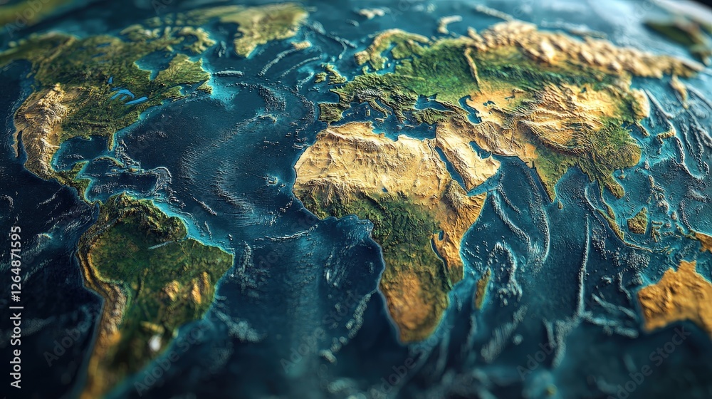 Fototapeta A high-definition world map with a focus on geographical data, including elevation markers and satellite imagery that shows the topography of the Earths
