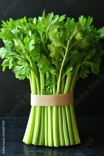Fresh organic celery stalks tied with brown band on black background photo