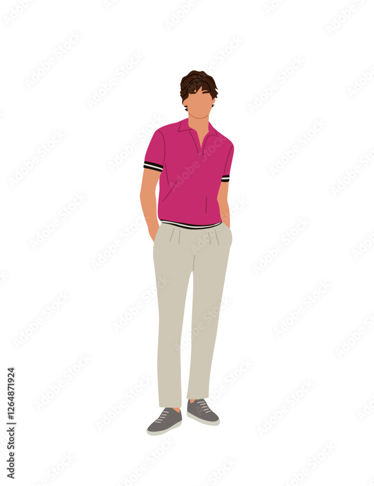 Stylish man wearing casual summer street fashion outfit standing with his arms in pockets. Vector realistic illustration isolated on transparent background. Stylish man wearing casual summer street fashion outfit standing with his arms in pockets. Vector realistic illustration isolated on transparent background.