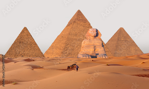 Camel caravan in front of the Great pyramid of Giza complex - Cairo, Egypt