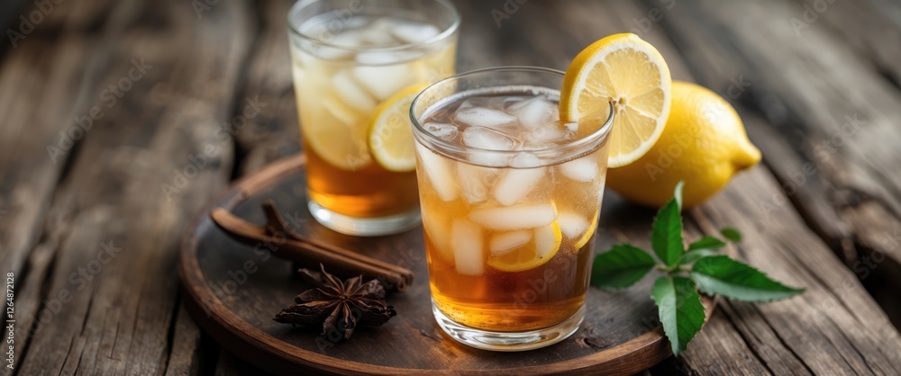 Refreshing iced tea with lemon slices and ice cubes served on a wooden tray with spices and fresh mint leaves Copy Space