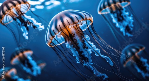 Colorful jellyfish swimming in deep blue ocean water with tentacles flowing and light reflections, underwater scene with copy space. photo