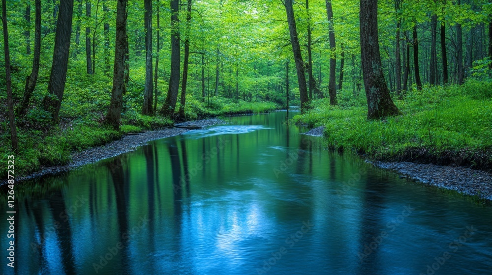 Reflective Azure Waterway Through Lush Green Forest