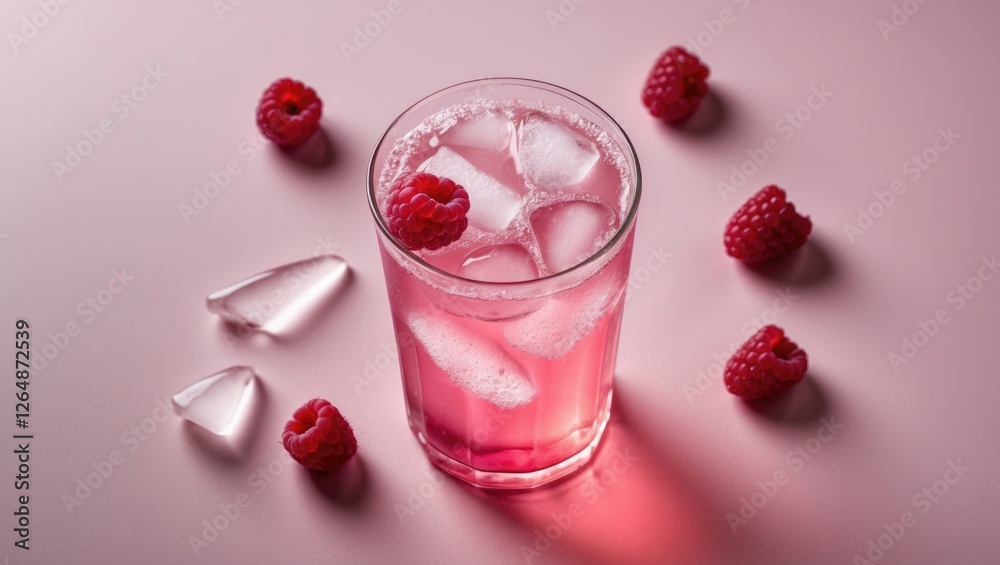Raspberry drink in glass with ice cubes surrounded by fresh raspberries on pink background Copy Space