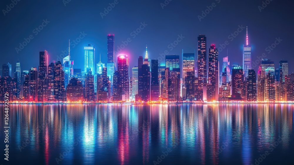 Fototapeta premium A high-tech city skyline at night, with illuminated buildings and neon lights reflecting in the water, providing a dynamic and futuristic backdrop for digital or business content.