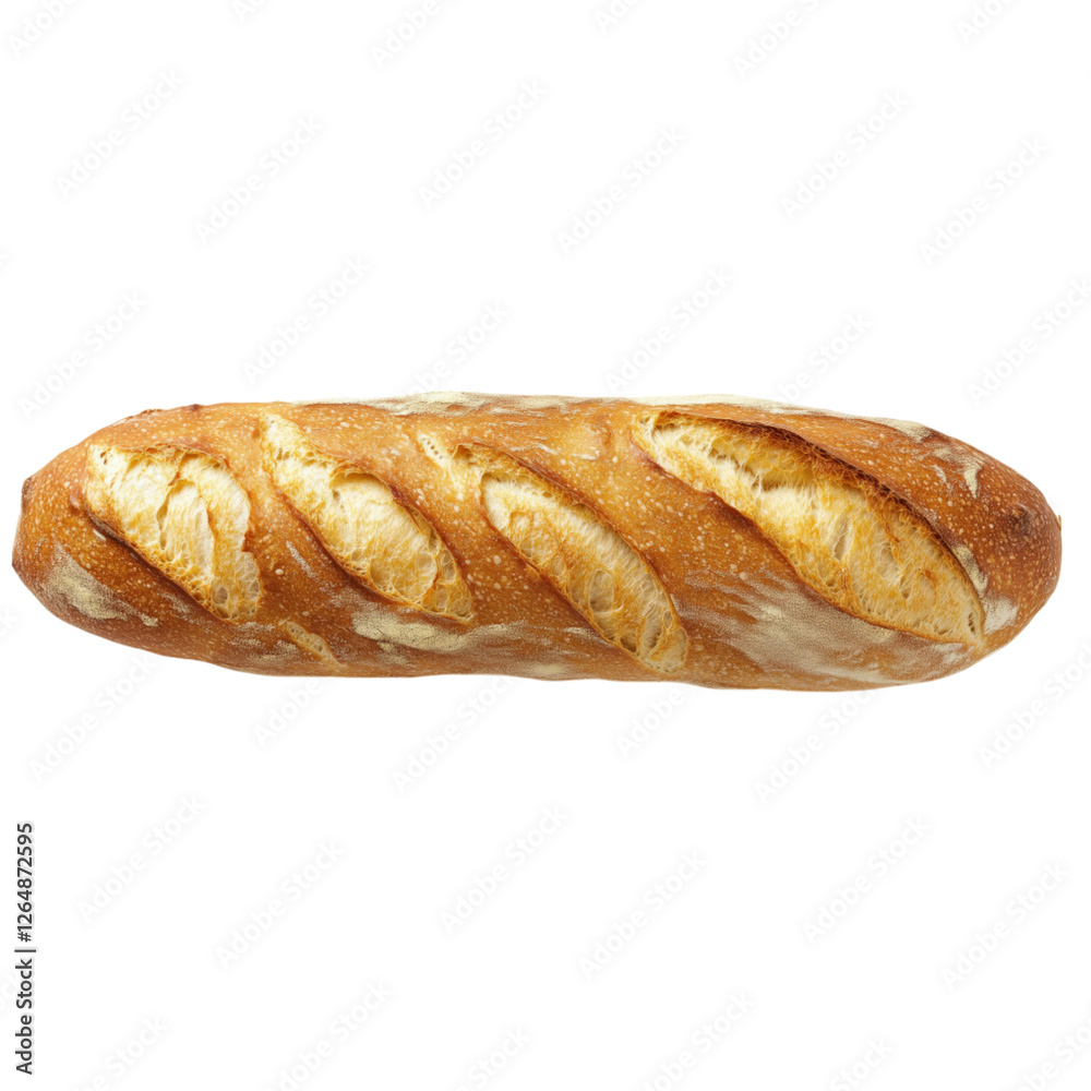 Classic French baguette with a golden crust and crisp texture, isolated on a transparent background.