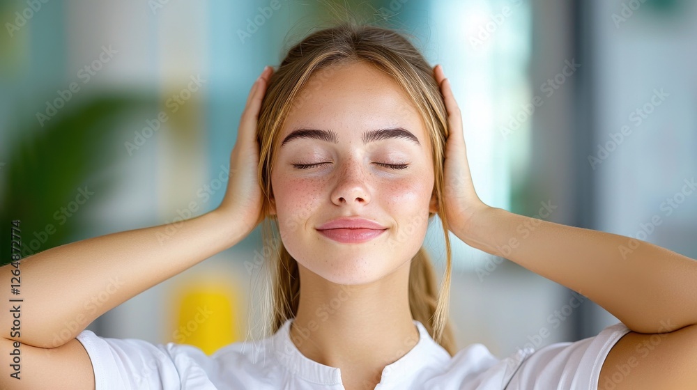 Serene young woman meditating in a yoga pose with her eyes closed surrounded by a peaceful home environment with natural decor elements like plants and cozy furnishings