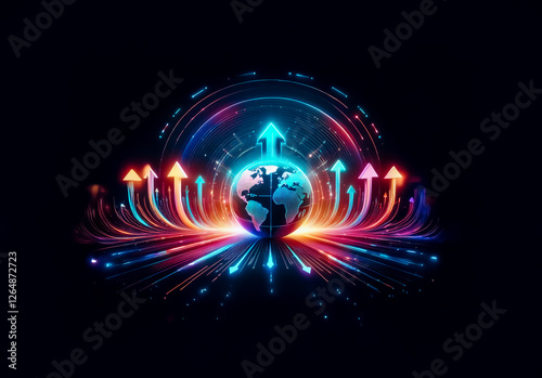 A digital image shows radiant arrows pointing upwards from a globe, set against a dark background, creating a futuristic and dynamic design.