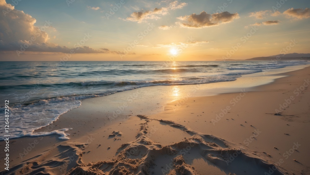 Sunset over serene beach landscape with gentle waves and golden sand footprints, Copy Space available for text placement Sunset over serene beach landscape with gentle waves and golden sand footprints, Copy Space available for text placement