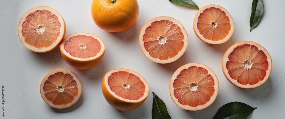 Fresh ripe grapefruits whole and sliced on a white surface with green leaves arranged around Copy Space Fresh ripe grapefruits whole and sliced on a white surface with green leaves arranged around Copy Space