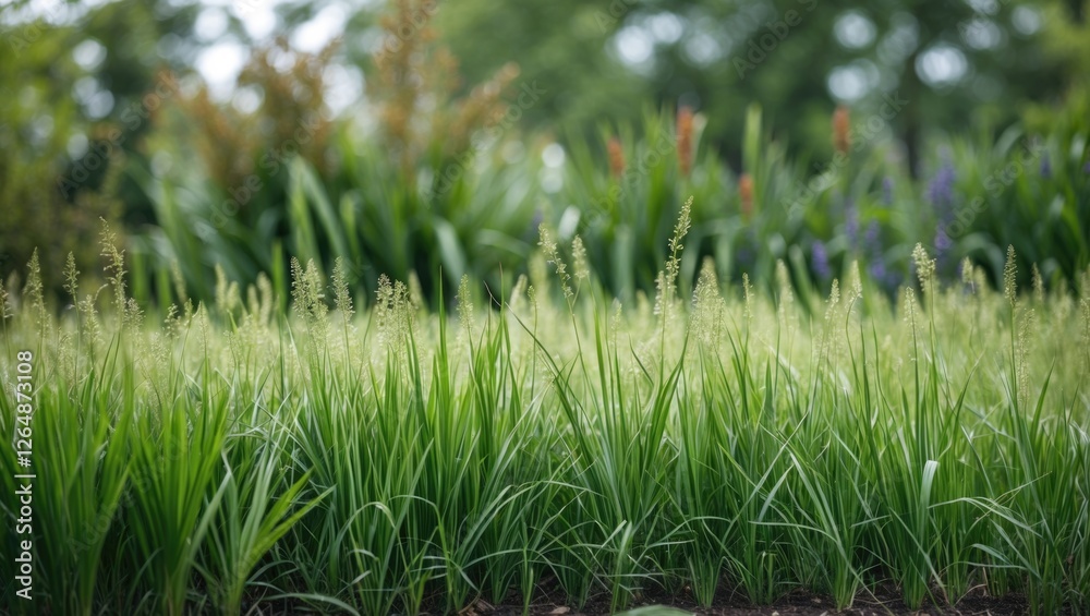 Green grass field with soft focus on background plants, natural scenery with blurred foliage and plenty of copy space. Green grass field with soft focus on background plants, natural scenery with blurred foliage and plenty of copy space.