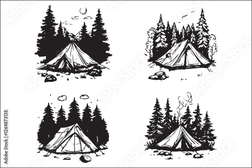 Minimalist Camping Logo Set Vector Line Art Illustrations Outdoor Adventure Camping Logo Set in Clean Line Art Style Modern Camping Logo Vector Pack Outline and Line Art Designs