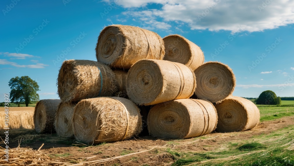 Stack of hay bales in a rural field under a blue sky with clouds and green grass in the background Copy Space Stack of hay bales in a rural field under a blue sky with clouds and green grass in the background Copy Space
