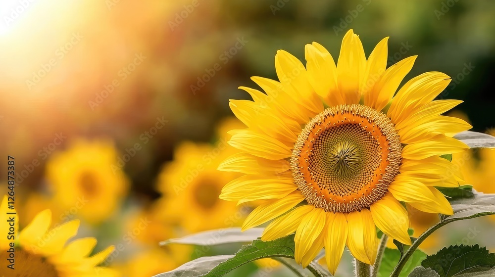 Fototapeta premium Sunny Sunflower Field, Bright Summer Day, Nature Background, Peaceful Scene