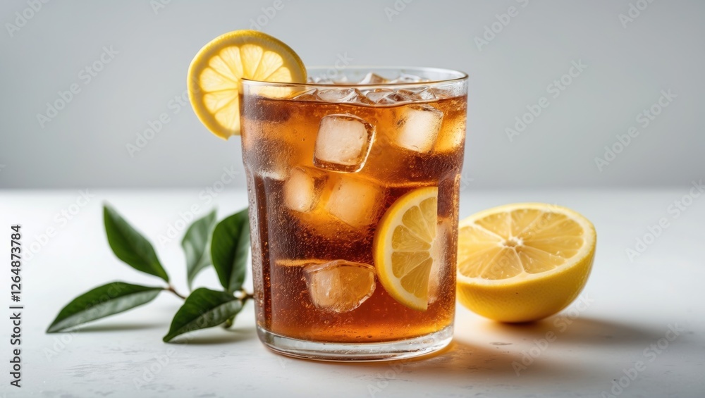 Iced tea beverage with lemon slices and ice cubes in a glass, garnished with lemon and green leaves, light background. Copy Space. Iced tea beverage with lemon slices and ice cubes in a glass, garnished with lemon and green leaves, light background. Copy Space.