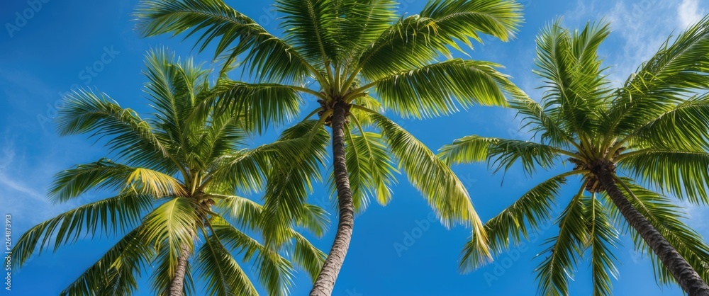 Tropical palm trees against a clear blue sky with vibrant green leaves providing a feeling of summer and relaxation Copy Space Tropical palm trees against a clear blue sky with vibrant green leaves providing a feeling of summer and relaxation Copy Space