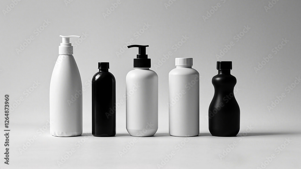 Five assorted lotion and cleanser bottles stand in a neat row. Five assorted lotion and cleanser bottles stand in a neat row.