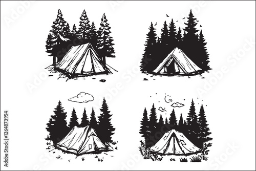 Minimalist Camping Logo Set Vector Line Art Illustrations Outdoor Adventure Camping Logo Set in Clean Line Art Style Modern Camping Logo Vector Pack Outline and Line Art Designs
