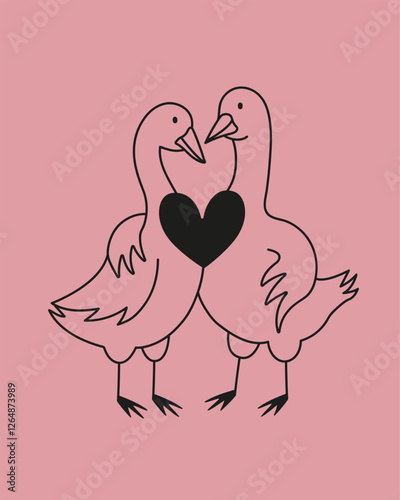 Vector romantic illustration with goose couple hugging each other and heart. Love Valentine's day greeting card template, apparel print design, wall decoration poster