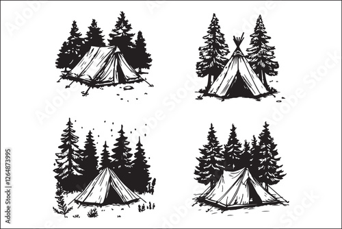 Minimalist Camping Logo Set Vector Line Art Illustrations Outdoor Adventure Camping Logo Set in Clean Line Art Style Modern Camping Logo Vector Pack Outline and Line Art Designs