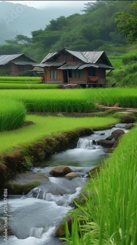 rural landscape with river and house
