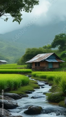 mountain landscape with lake and house