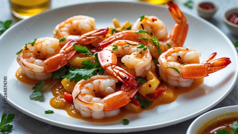 Shrimp dish with vibrant sauce and garnishes on a white plate with herbs and condiments on the side Copy Space Shrimp dish with vibrant sauce and garnishes on a white plate with herbs and condiments on the side Copy Space