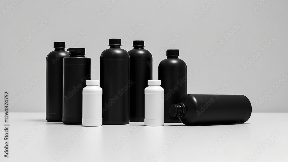 A product shot shows assorted black and white plastic bottles arranged on a solid surface. A product shot shows assorted black and white plastic bottles arranged on a solid surface.