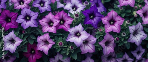 Colorful petunia flowers in purple and pink shades with lush green foliage, vibrant floral background, nature gardening display, Copy Space