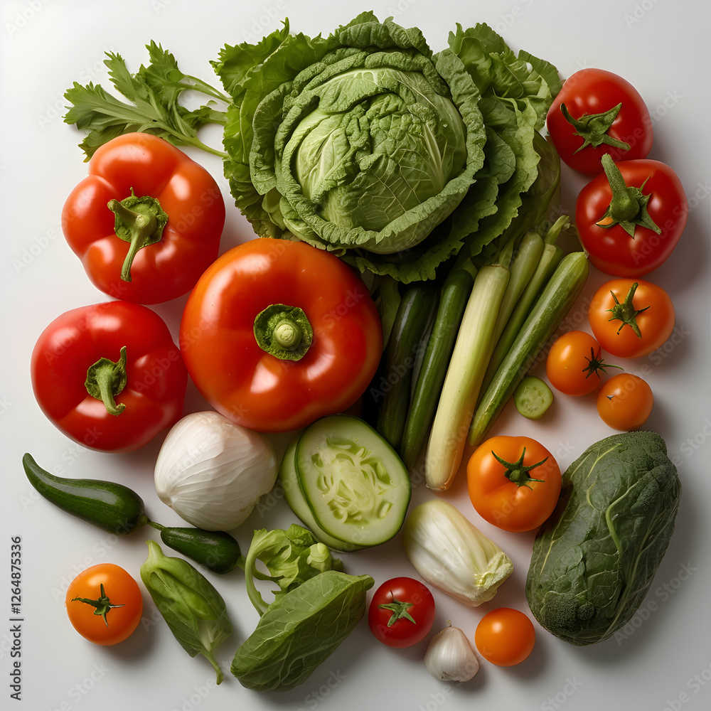 A variety of fresh vegetables arranged on a clean white background. Include an assortment of colorful vegetables, such as bright red tomatoes, green bell peppers, carrots, cucumbers, and leafy greens A variety of fresh vegetables arranged on a clean white background. Include an assortment of colorful vegetables, such as bright red tomatoes, green bell peppers, carrots, cucumbers, and leafy greens