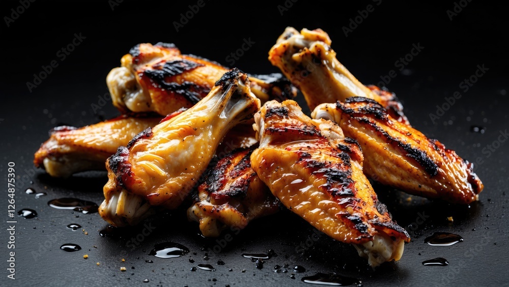 Grilled chicken wings arranged on a dark surface with a glossy finish and drops of sauce, ideal for culinary presentations and promotions. Copy Space Grilled chicken wings arranged on a dark surface with a glossy finish and drops of sauce, ideal for culinary presentations and promotions. Copy Space