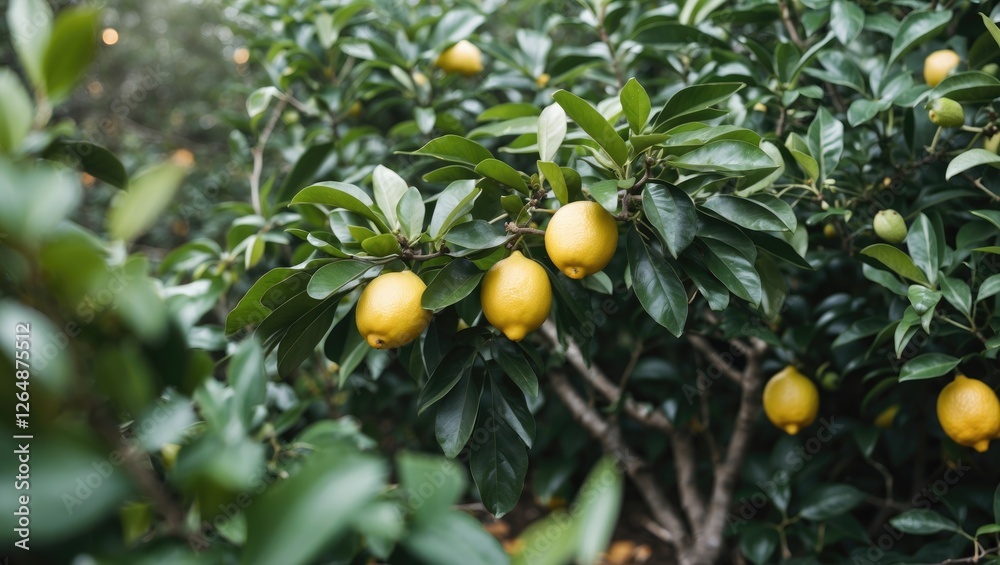 Lemon tree branches with ripe lemons and green leaves in a garden setting natural light Copy Space Lemon tree branches with ripe lemons and green leaves in a garden setting natural light Copy Space