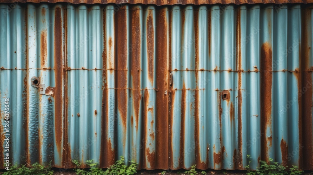 Obraz premium Rusty corrugated metal wall with blue paint and orange rust patterns overgrown with green plants and grass in foreground Copy Space