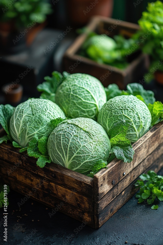 Fototapeta premium Fresh green cabbage heads in rustic wooden box with greenery
